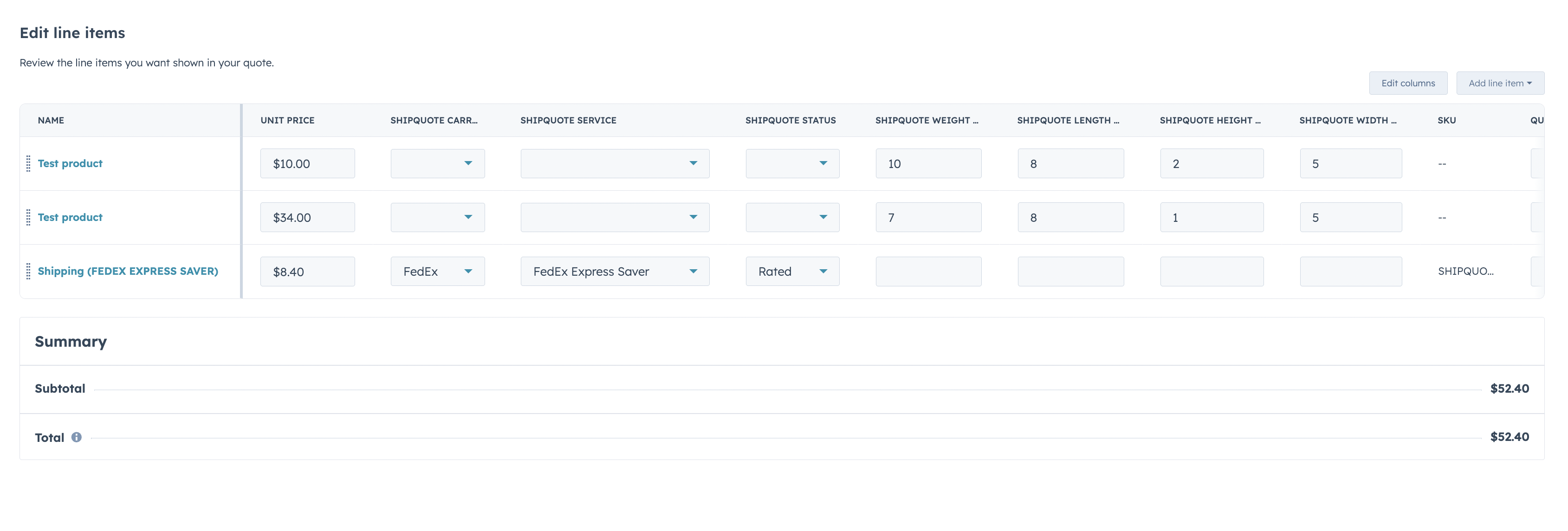 ShipQuote shipping rates inside a HubSpot quote — line items with FedEx Express Saver rate